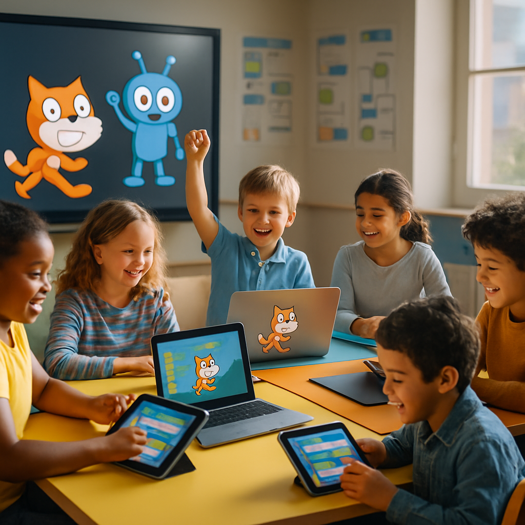 Kids playing educational coding games on tablets