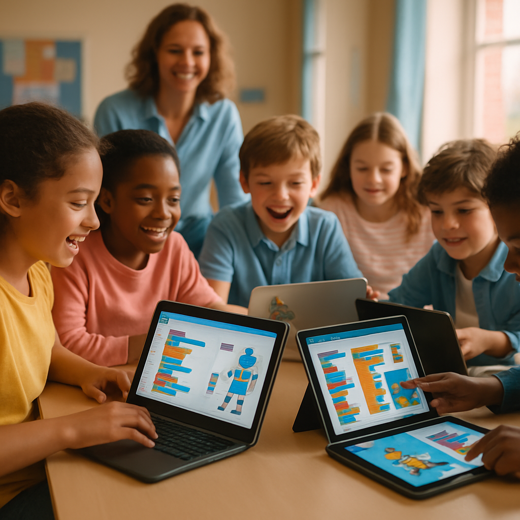 Children learning coding on interactive platforms like Scratch and Code.org